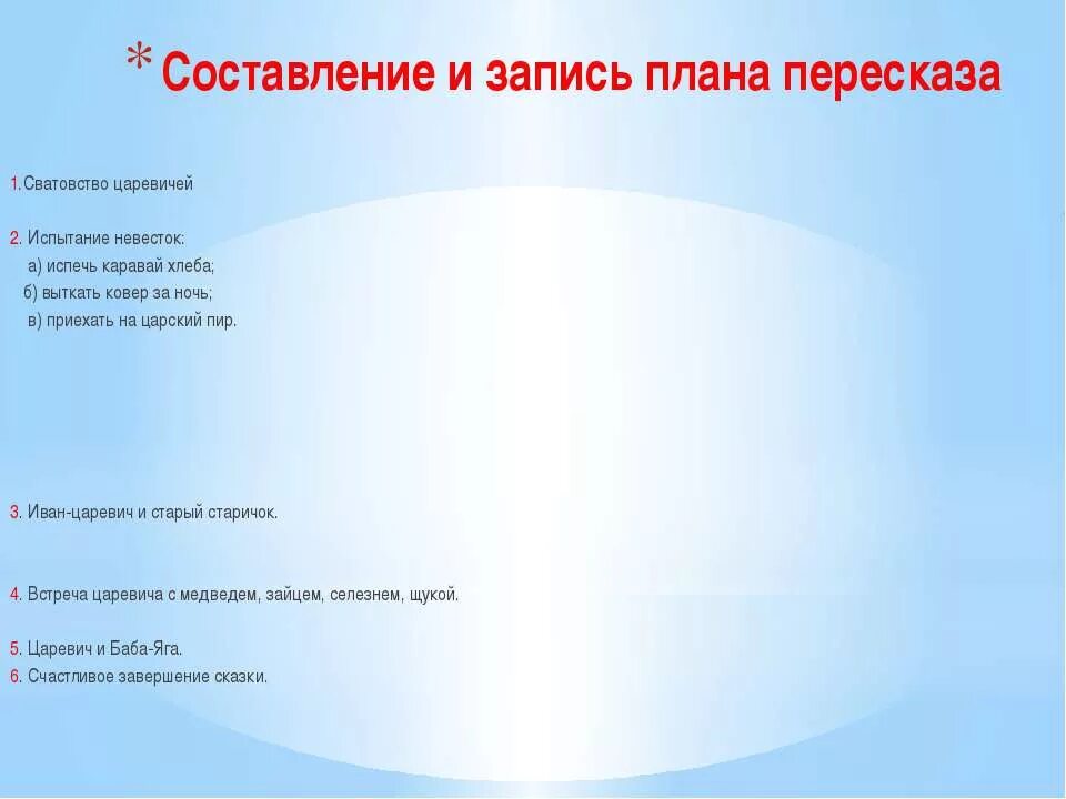 Составить план подробного пересказа. План пересказа. План сказки Царевна. План сказки Царевна лягушка 5 класс. Составление плана пересказа.