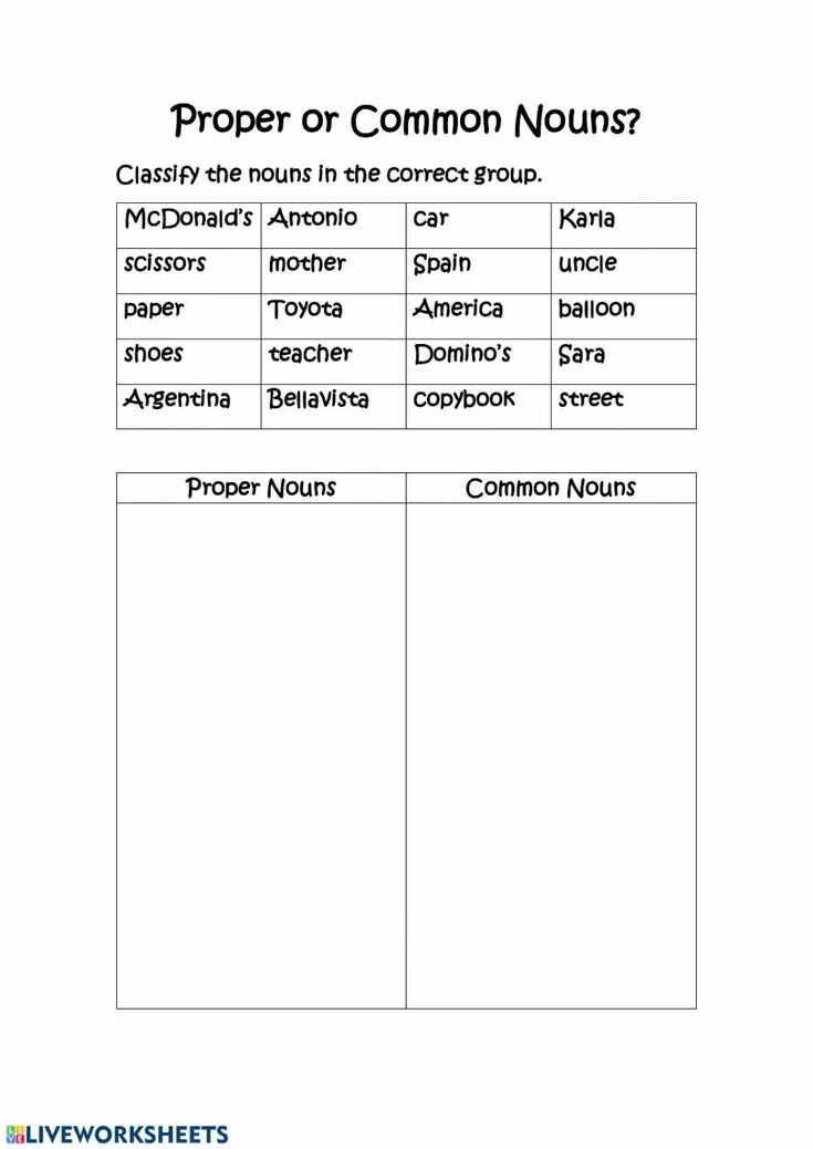 Divide these nouns into proper. Proper and common nouns. proper nouns and common nouns. common noun and proper noun worksheets. common proper noun worksheet.