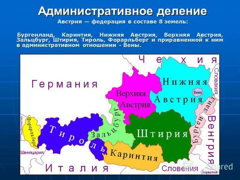 Административное деление организации. Административно-территориальное деление Австрии. Австрия административно-территориальное устройство. Австрия разделена на 9 федеральных земель. Административное деление Австрии.