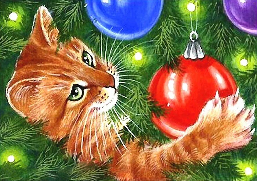 Рисунок на новый год кошка. Коты и елки. кот и елка. елочная игрушка котенок. новогодний котëнок живопись.