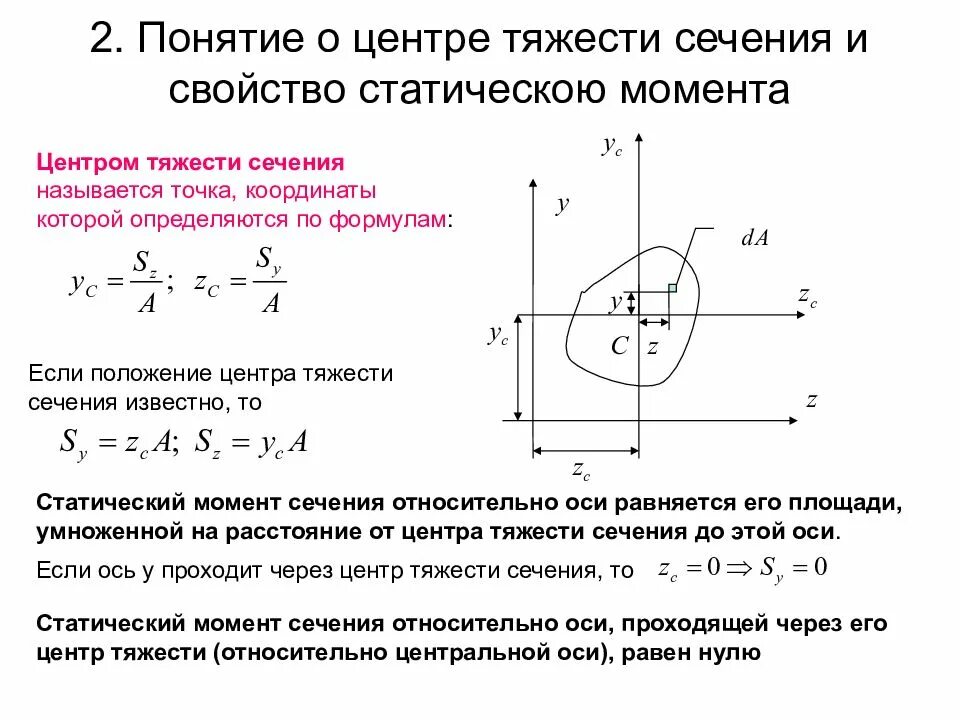 Формула для определения центра тяжести плоских сечений. Статические моменты плоских сечений. Формулы для определения положения центра тяжести плоских сечений. Статические моменты центр тяжести сечения