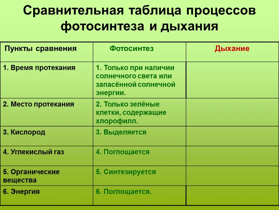 Таблица по биологии 6 класс сравнение процессов фотосинтеза и дыхания. Таблица сравнение процессов фотосинтеза и дыхания. Сравнительная таблица дыхания и фотосинтеза биология 6 класс. Фотосинтез и дыхание таблица биология 6 класс.