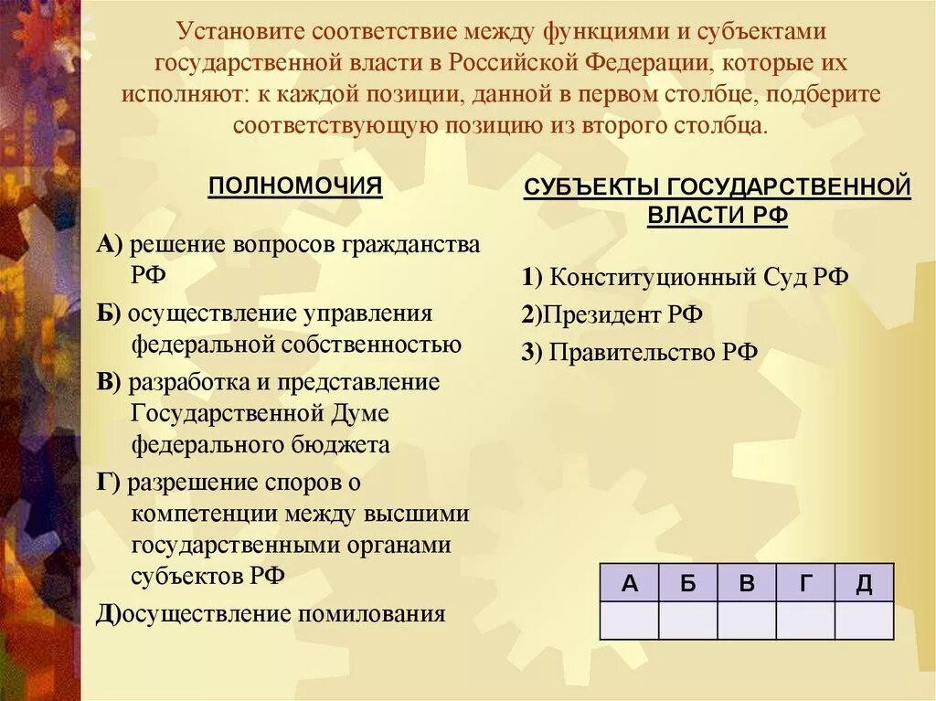 Функции субъектов государственной власти. Полномочия субъектов государственной власти. Установите соответствие между функциями. Полномочия и субъекты государственной власти РФ.