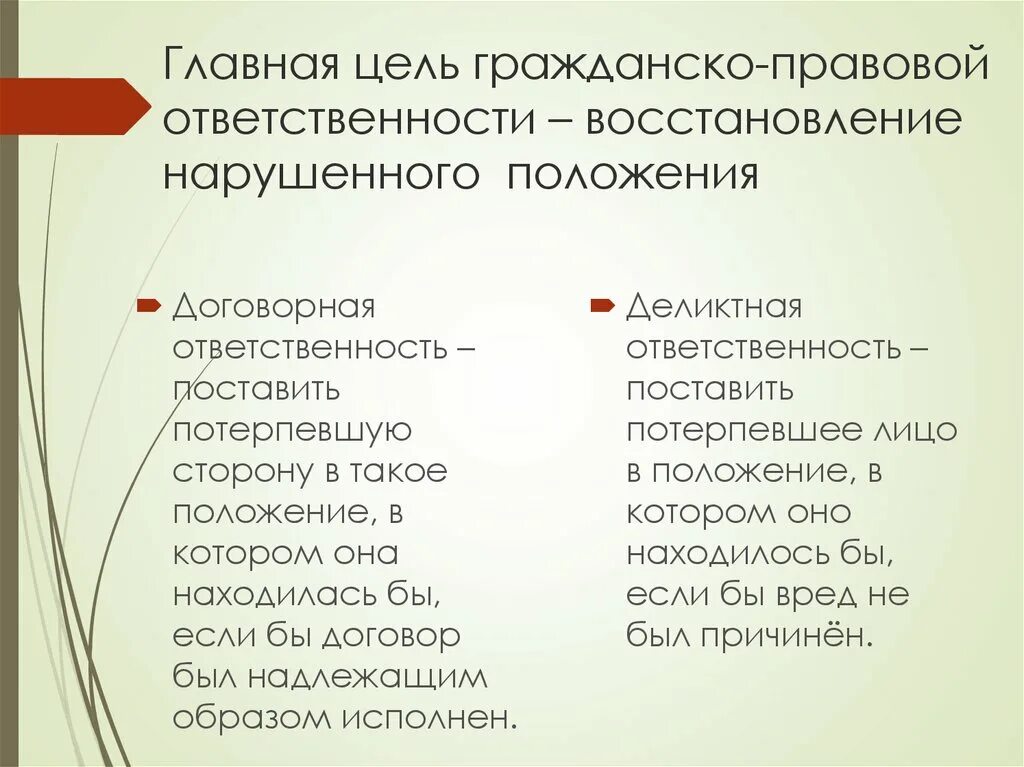 Примеры гражданской ответственности примеры. Цели гражданской ответственности. Характеристика основных форм гражданско-правовой ответственности. Понятие и признаки гражданско-правовой ответственности. Понятие особенности основание гражданско-правовой ответственности.