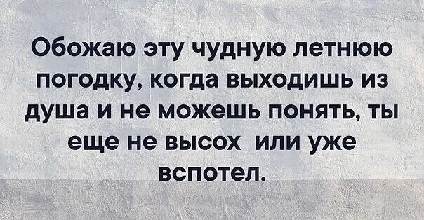 Обожаю эту чудную летнюю погоду когда вышел из душа. То ли еще не высох то ли уже вспотел. Обожаю эту летнюю погоду. Цитаты аж вспотел.