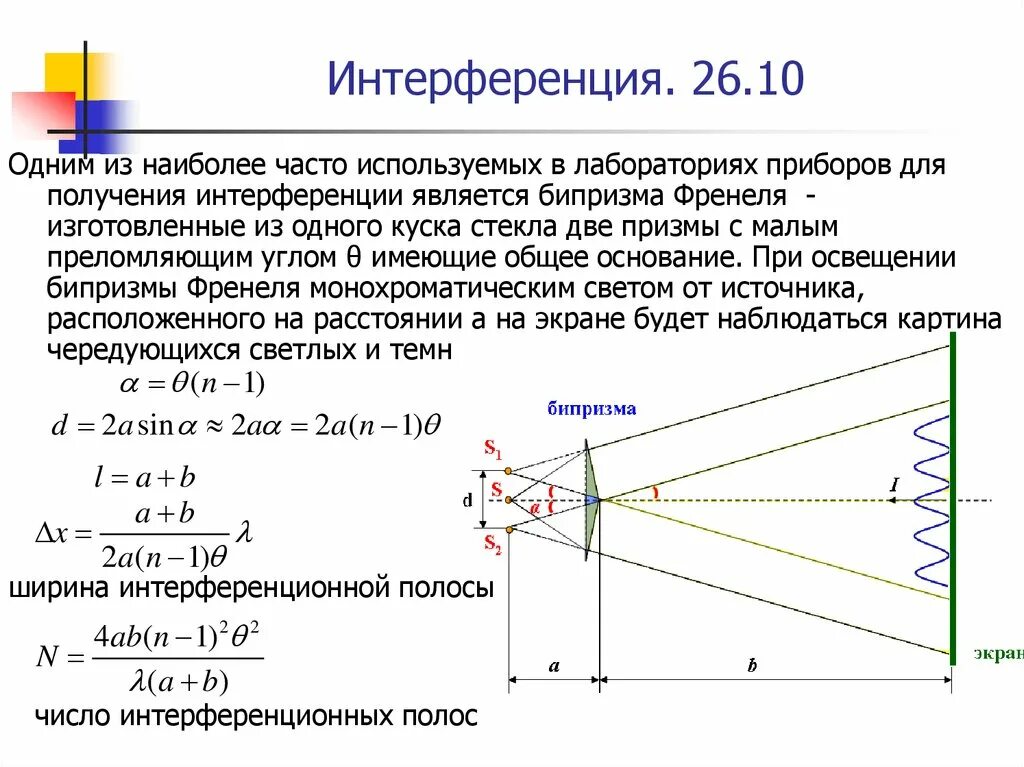 Интерференция прибор. Бипризма Френеля интерференционная картина. Бипризма Френеля схема интерференции. Интерференционная схема бипризмы Френеля.. Разность хода в бипризме Френеля.