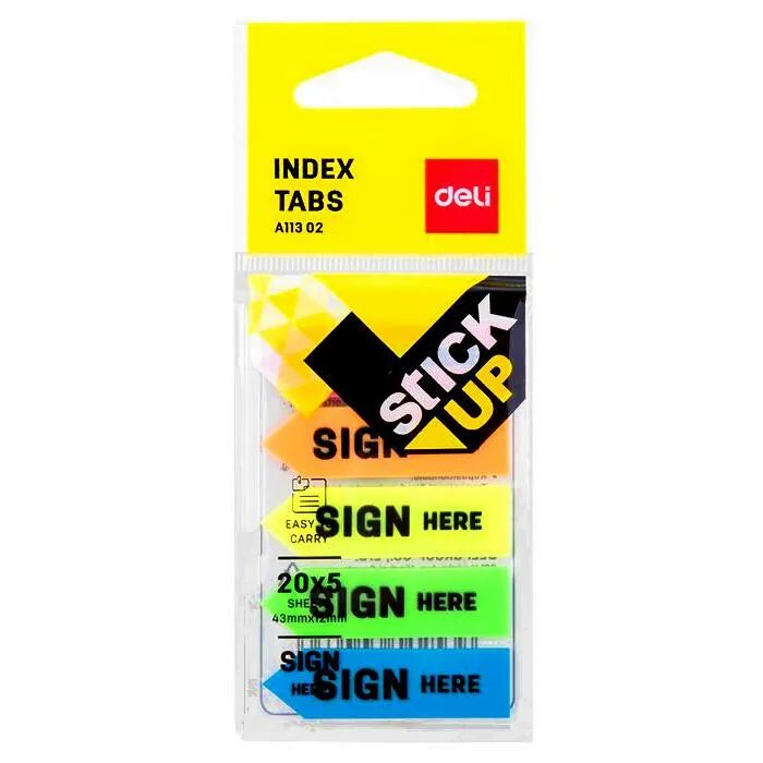 Sign tabs. Клейкие закладки пластиковые 5 цветов по 20 листов 12х45 мм. deli index tabs a106. index tab. stick up index tabs 50* 42.