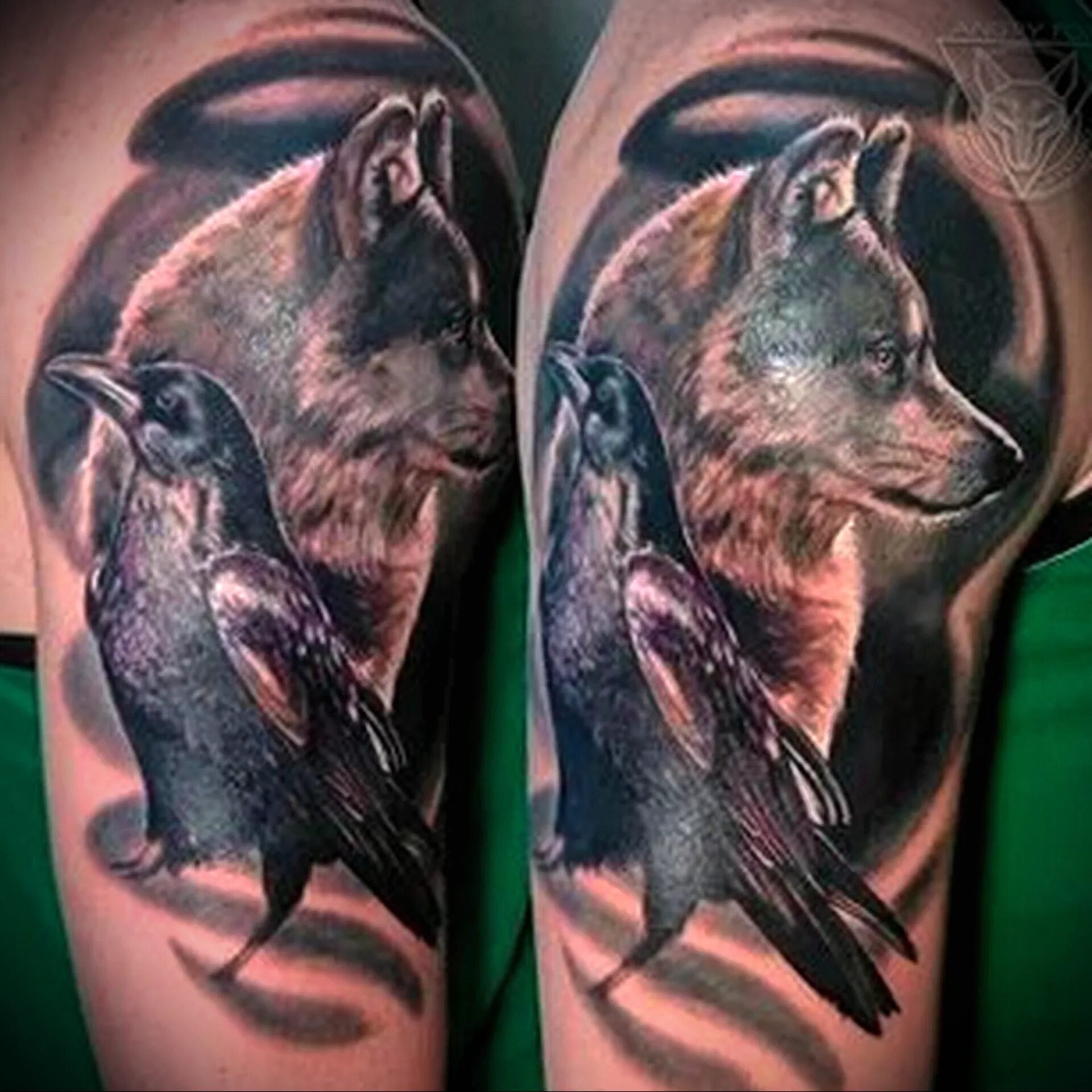 тату волк с вороном. тату волк и ворон. тату волк с вороном. татуировка волк и ворон. тату волка и ворона на груди.