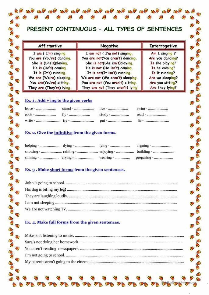 Рабочий лист present Continuous. Презент континиус Worksheets. Present Continuous all Types of sentences ответы. Present Continuous упражнения Worksheets. Write the sentences in short forms
