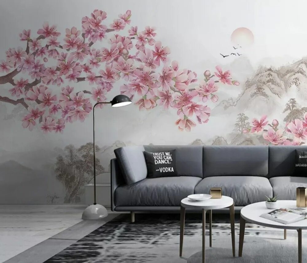 Сакура дизайн. Роспись стен в японском стиле. Фотообои Сакура. Сакура в интерьере. Фреска Сакура.