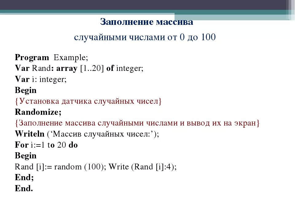 10 элементов от 20 до 20. Как составить программу с массивом в Паскале. Пример объявления одномерного массива в Паскале. Заполнение массива случайными числами Паскаль. Массив от 1 до 10 Паскаль.