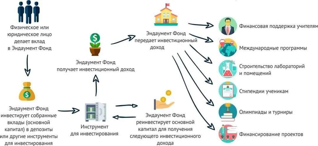 Эндаумент фонд. Структура эндаумент фонда. Схема работы фонда. Эндаумент это простыми словами.