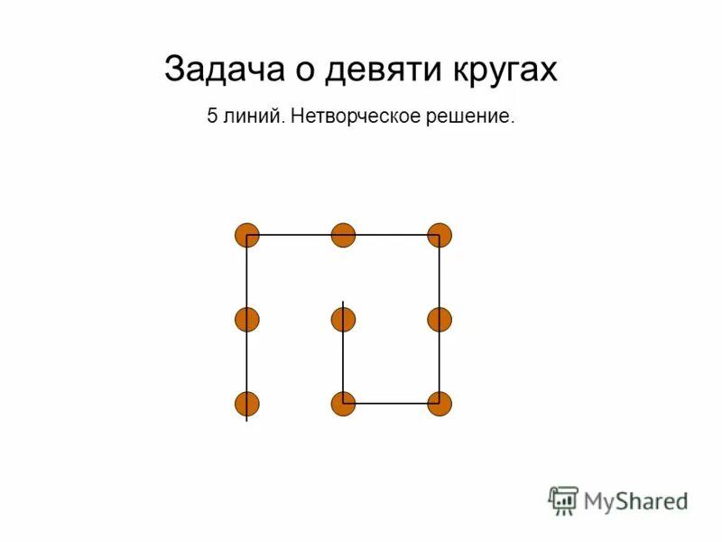 Connect 9 dots with 4 lines. Логические задачки. Пономарева). Девять точек расположены в виде квадрата по три. Задача девятки.