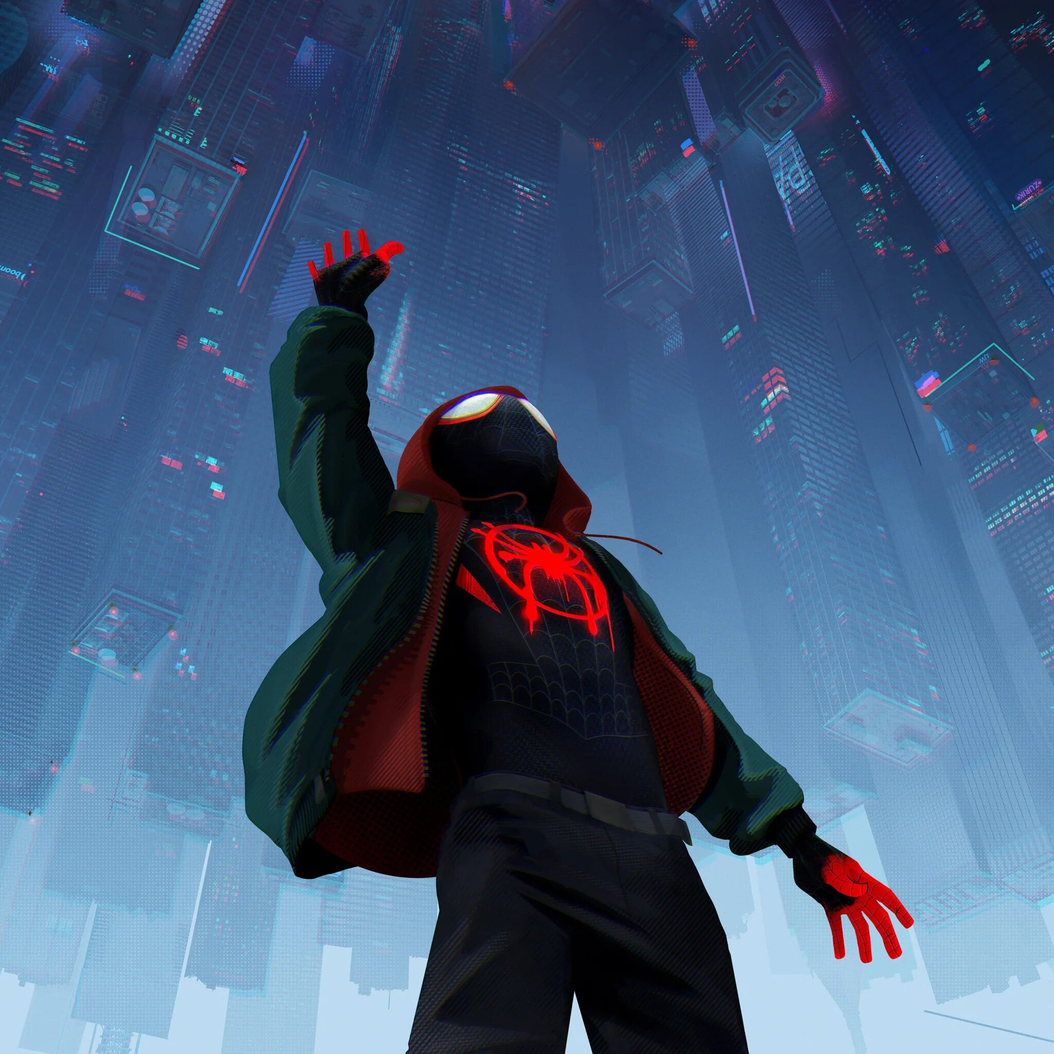 Man into. Майлз моралес через вселенные 2. spider-man: into the spider-verse 2018. майлз моралес прыжок. человек-паук: через вселенные мультфильм 2018.