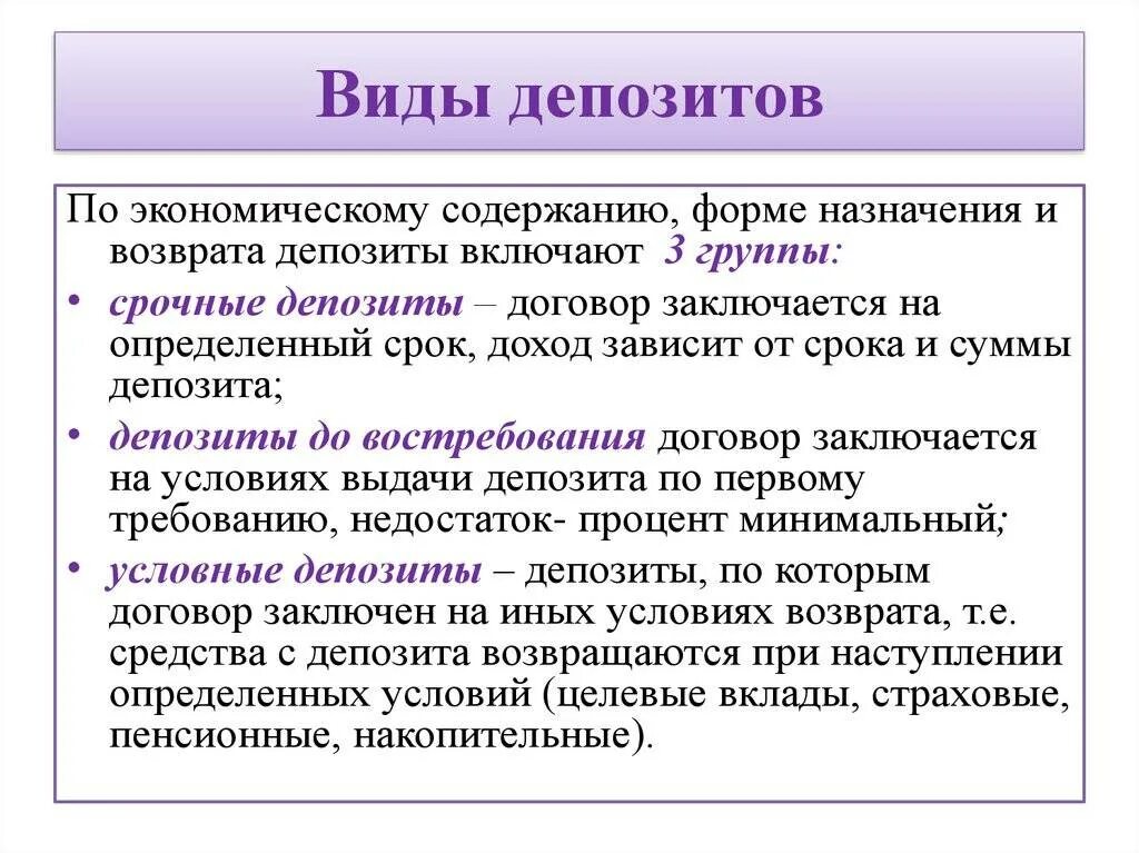 Виды депозитов. Виды банковских вкладов. Виды депозитных вкладов. Основные виды банковских вкладов:. Понятие банковский депозит