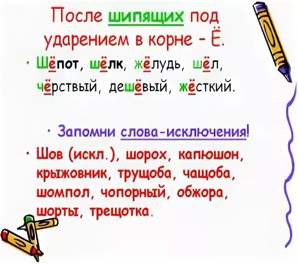 Слова с ш в корне. Буквы ё о после шипящих в корне слова правило. Буквы е и е после шипящих в корне правило. Правило правописание букв о и ё после шипящих в корне. Правило по русскому языку 5 класс о е после шипящих.