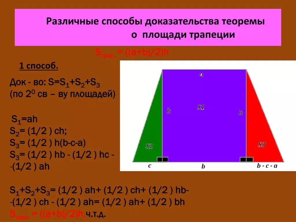 Сформулировать и доказать теорему о площади прямоугольника. Площадь трапеции доказательство теоремы 8 класс. доказательство площади трапеции 8 класс. доказать теорему о вычислении площади трапеции. теорема о площади трапеции с доказательством.