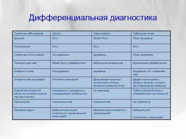 Хронический пиелонефрит дифференциальная диагностика. Туберкулез почки дифференциальная диагностика. Дифференциальная диагностика пиелонефрита и мочекаменной болезни. Острый пиелонефрит и цистит диф диагноз.