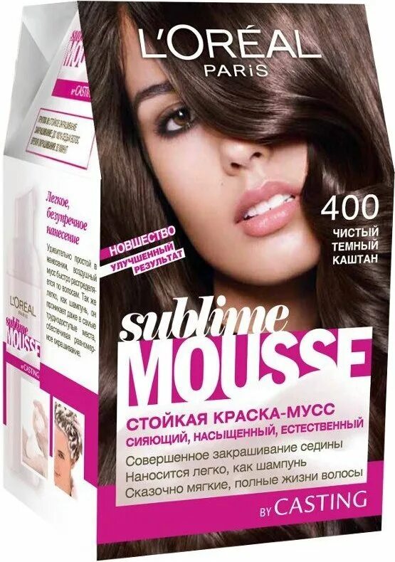 L oreal paris стойкая краска. Краска лореаль 400 каштановый. краска мусс для волос sublime mousse 400. лореаль сублим мусс. краска мусс пена лореаль.
