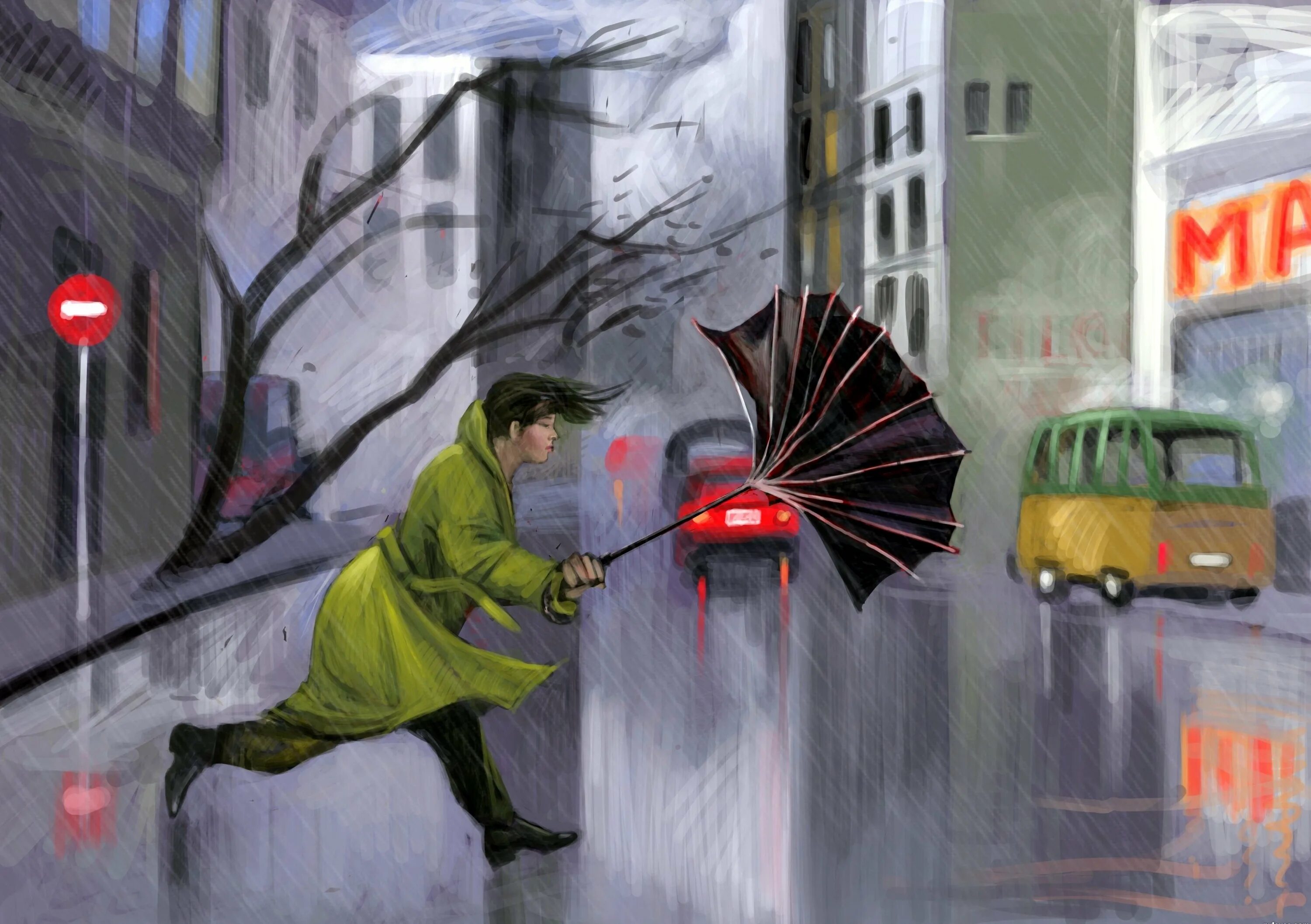 Внезапный сильный ветер. Дождливый день. Человек с зонтом сильный ветер. Ветер в живописи. Сильный ветер иллюстрация.