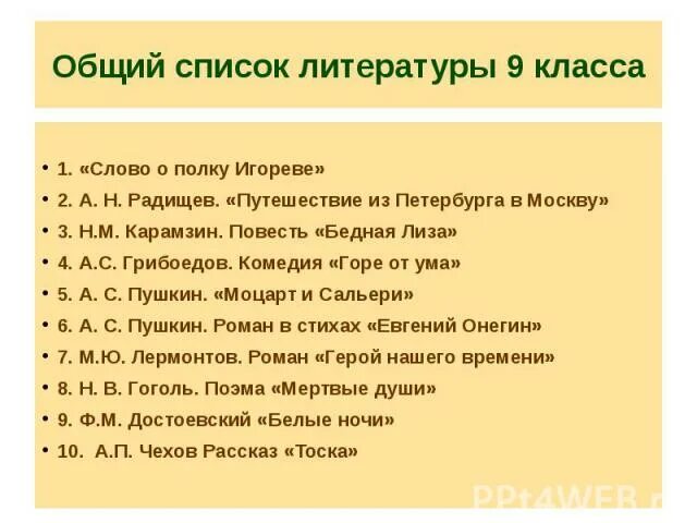 Произведения курса 9 класс