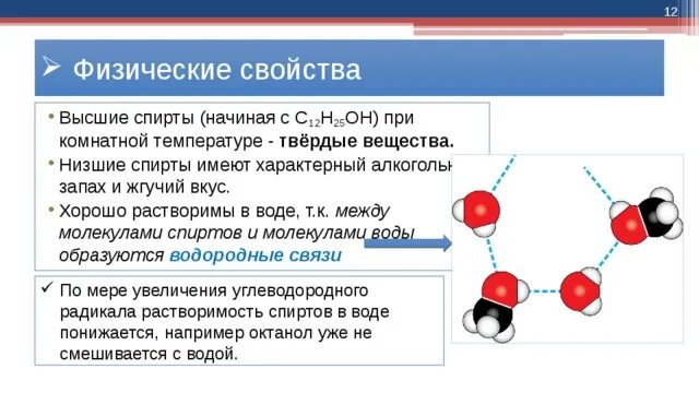 Физические свойства спиртов. Между молекулами спиртов образуются связи