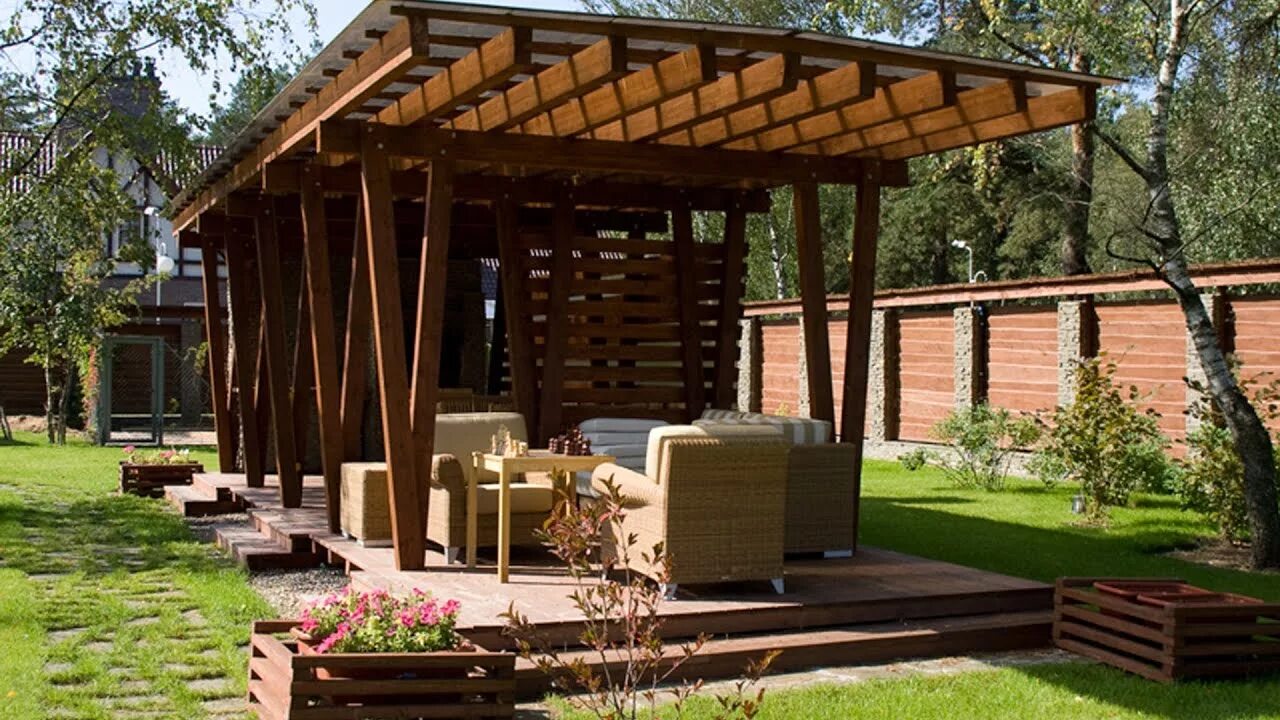 Зона отдыха на даче. Беседки патио зона с мангалом. Идеи обустройства дачного участка. Беседка с односкатной крышей. Пергола с качелями кокон.