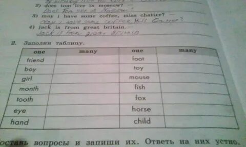 Английский язык заполни таблицу