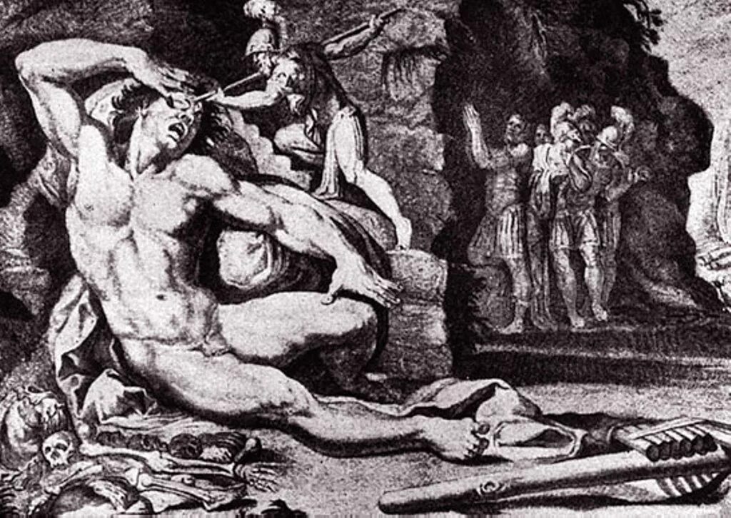 Циклоп с одиссеем. Великан циклоп полифем. Одиссей и циклоп полифем. Циклоп из одиссеи. Циклоп с одиссеем.