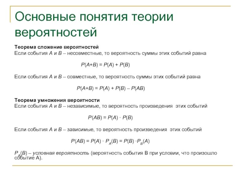 Вероятность последовательности событий. Основные понятия теории вероятностей. Теория вероятности формулы шпаргалка. Базовые формулы теории вероятности. Основные формулы теории вероятности для ЕГЭ.