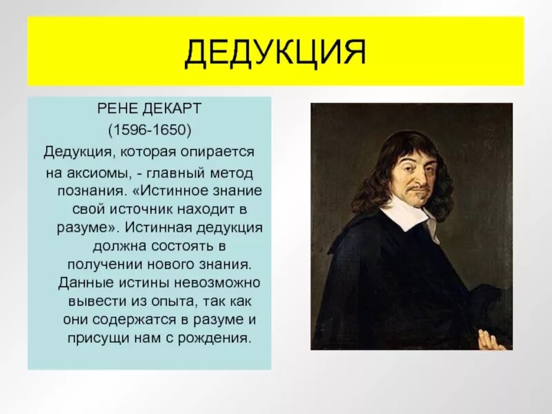 Философия декарта кратко. Рене Декарт дедукция. Рене Декарт дедуктивный метод познания. Алгоритм познания Рене Декарта. Рационализм Рене Декарта философия.