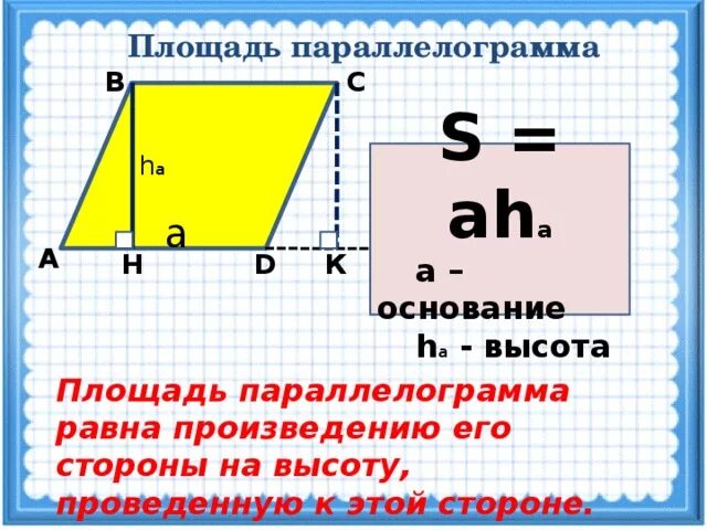 Площадь параллелограмма равна произведению его основания. Площадь параллелограмма равна произведению стороны на высоту. Площадь основания параллелограмма. Площадь параллелограмма высотк. Площадь параллелограмма основание на высоту.