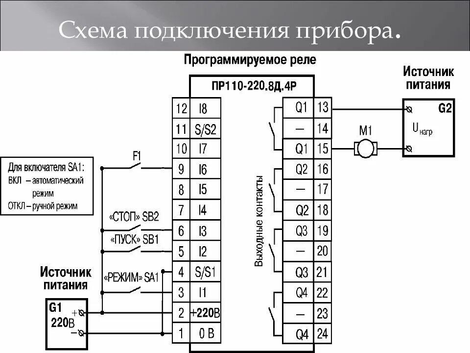 Приборы в схеме соединения. Схема включения программируемого реле. Программируемое реле пр110-220.12ДФ.8р. . Контроллер пр-110-220.8ДФ.4р. Схема подключения программируемого логического реле..