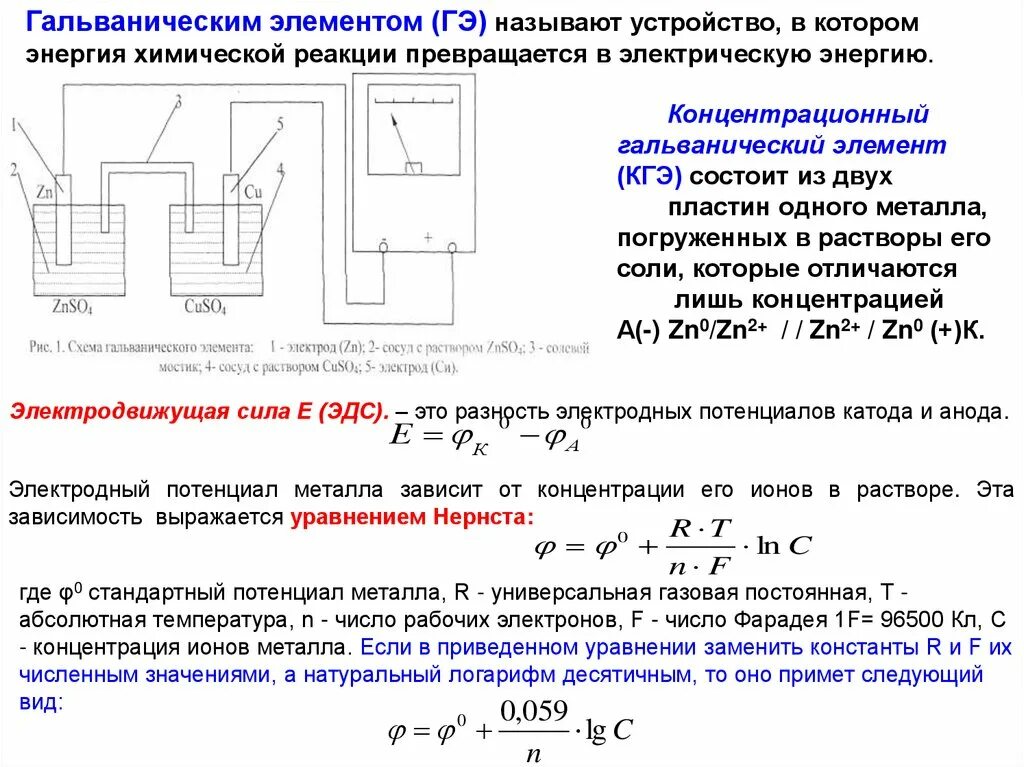 Уравнение реакции гальванического элемента. Потенциал гальванического элемента. Схема концентрационного гальванического элемента. Концентрационный гальванический элемент. Электродвижущая сила гальванического элемента.