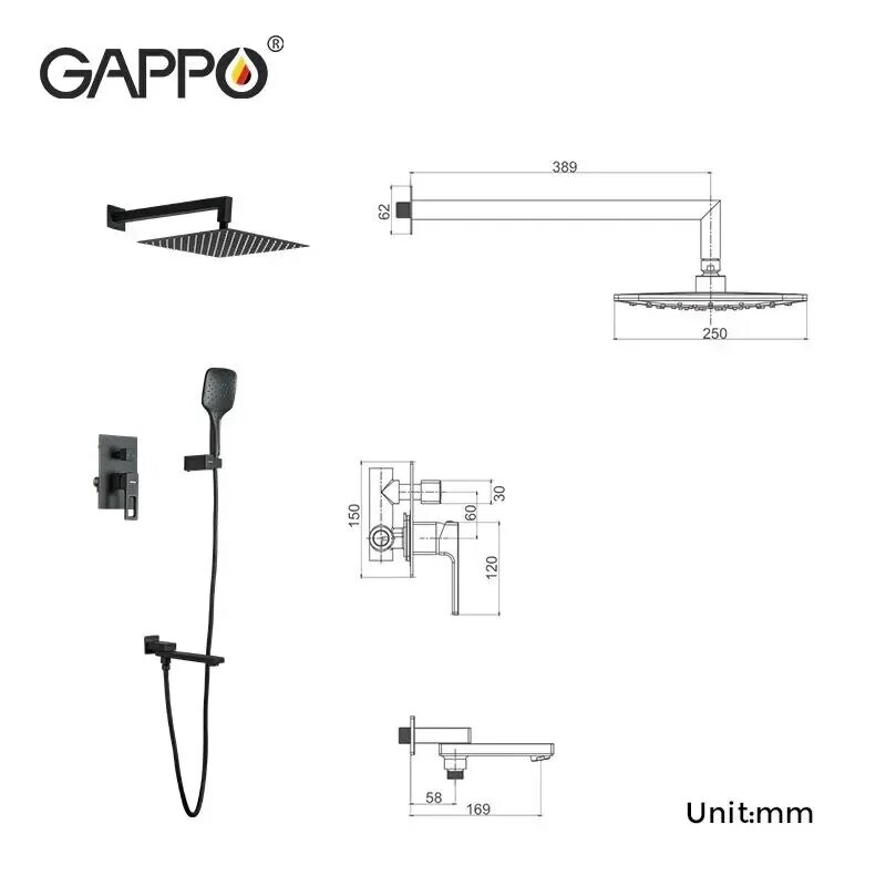 Смеситель GAPPO с тропическим душем в сборе встраиваемый G7199-20 нержавейка - к