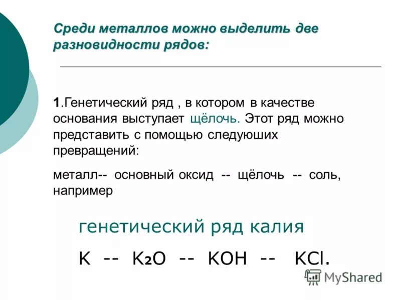 Металл основной оксид щелочь соль. Генетическая цепочка калия. Генетический ряд металлов. Генетический ряд калия. Генетическая цепочка металлов.