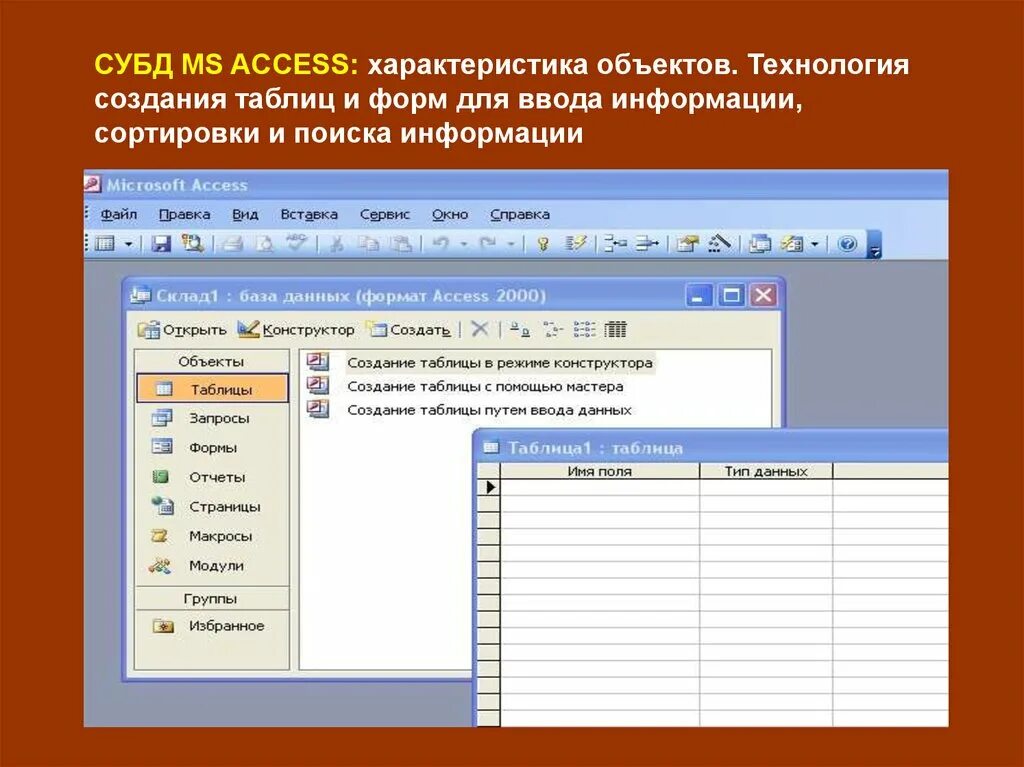Microsoft access характеристики. СУБД таблица форма запрос отчет. Создание таблицы путем ввода данных. MS access особенности. Access формы запроса