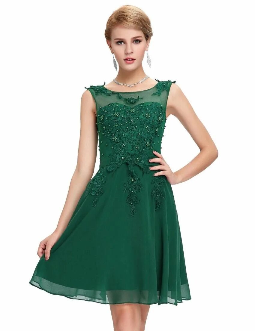 Короткие зеленые платья фото Women's Party Green Slash Neck Solid Satin Above Knee Evening Dress in Dubai Dre
