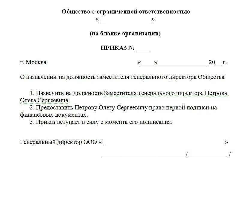 Пример приказа о назначении на должность. Бланк приказа о назначении на должность директора. Приказ о назначении работника на должность. Приказ о назначении заместителя директора ООО образец.