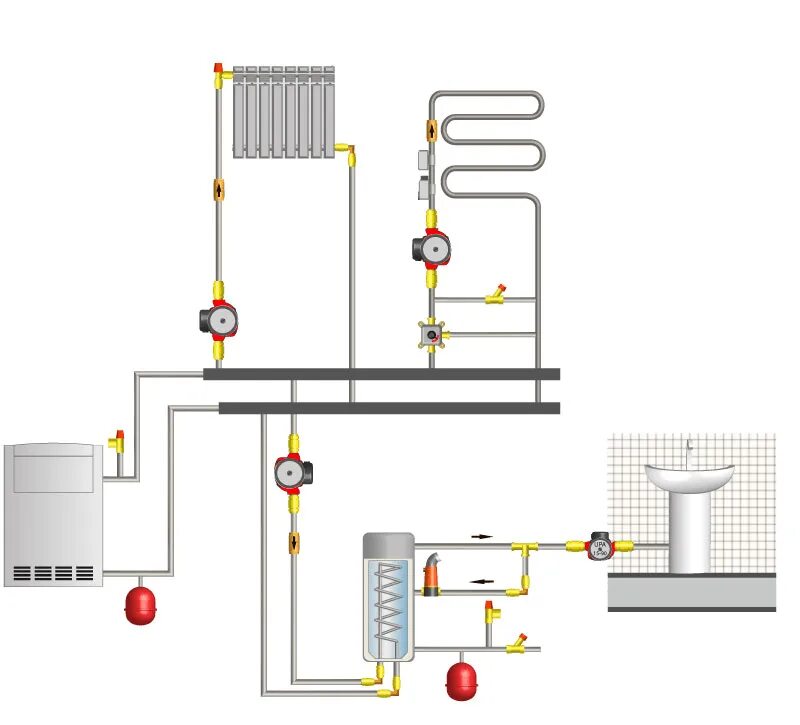 Горячие полы от горячей воды. Схема подключения двухконтурного котла отопления и теплый пол. Схема подключения радиаторов к двухконтурному котлу. Схема отопления с теплым полом. Схема подключения горячей воды с циркуляцией.