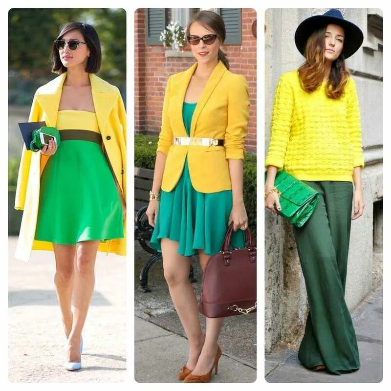 Цвета подходящие к зеленому. Сочетание с желтым цветом в одежде. Сочетание желтого и зеленого. Сочетания с зеленым. Сочетание салатового в одежде.