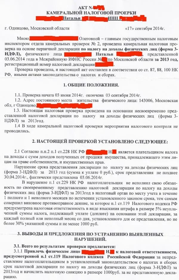 Акт камеральной налоговой проверки образец