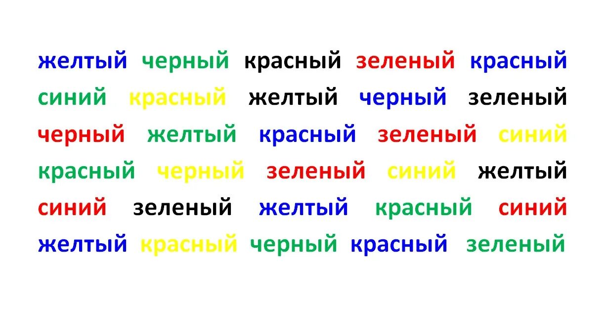 Тест цвет слова. Таблица струпа упражнение на концентрацию внимания. Струп тесты для скорочтения для детей. Слова разного цвета. Цветные слова.