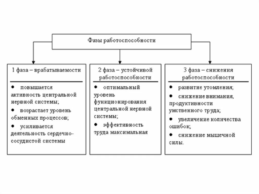 Какая стадия работоспособности. Фазы работоспособности схема. Фаза работоспособности и ее характеристики. Стадии работоспособности. Фазы работоспособности человека.