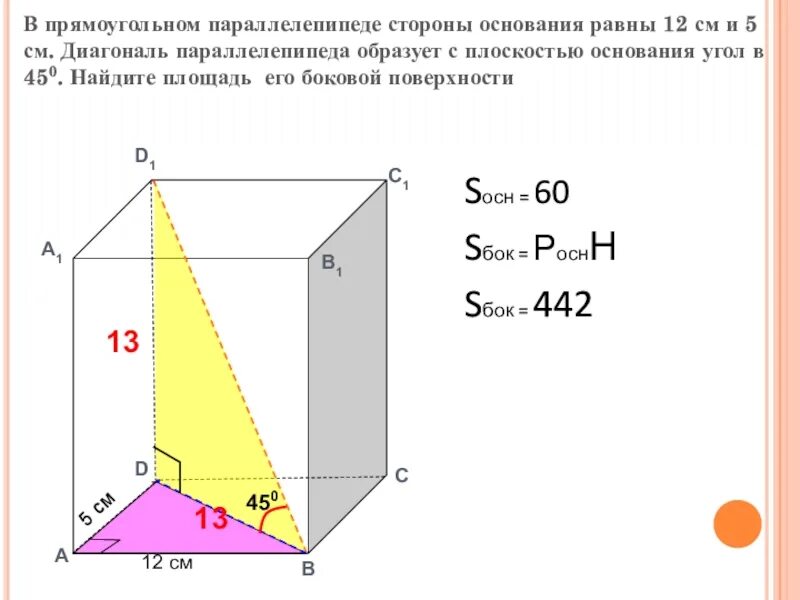 Площадь основания прямоугольного параллелепипеда равна. Стороны основания прямоугольного параллелепипеда. в прямоугольном параллелепипеде стороны основания 12 и 5. стороны основания параллелепипеда. диагональ основания прямоугольного параллелепипеда.