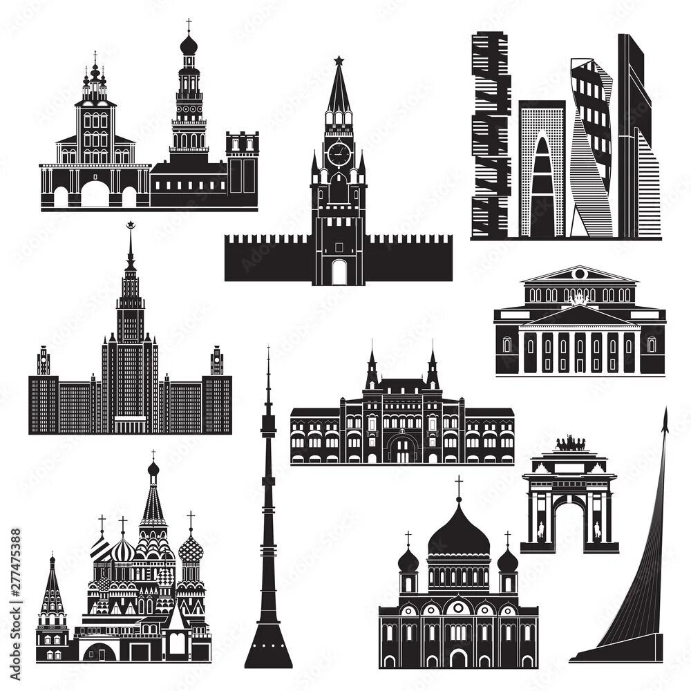 Здания символы москвы. Архитектурные символы москвы. силуэт москвы. архитектурные символы россии. кремль силуэт вектор.