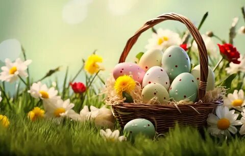 Фото обои цветы, корзина, поляна, яйца, весна, colorful, Пасха, happy. 