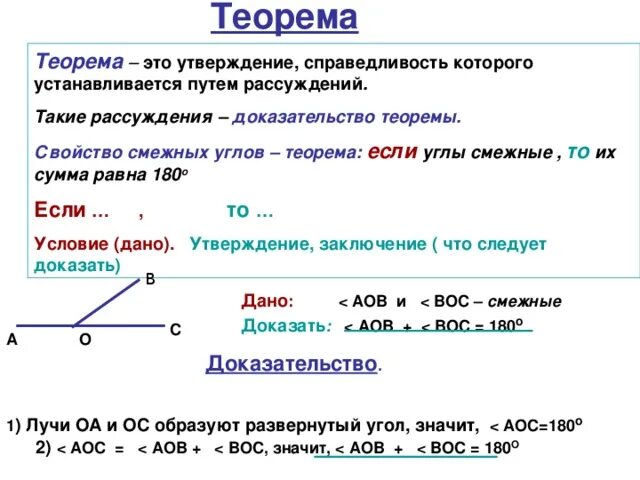 Теорема о смежных углах с доказательством. Теорема о свойстве смежных углов доказательство. Теорема утверждение справедливость которого устанавливается. Теорема смежных углов 7 класс.