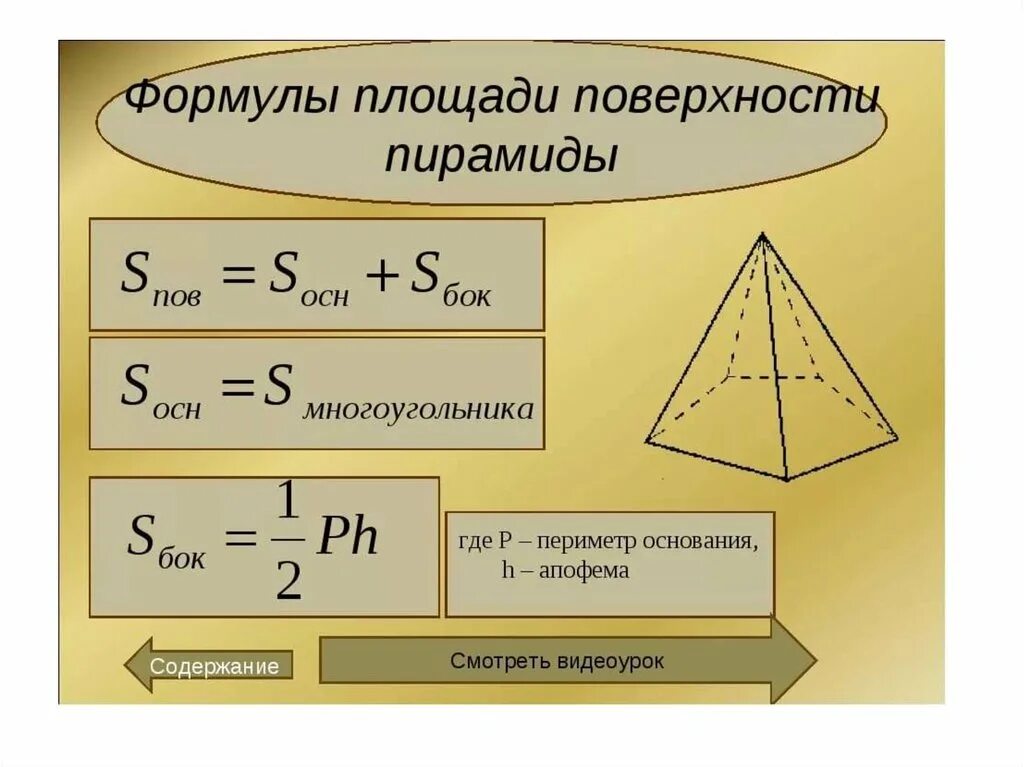 Как найти площадь бокового ребра пирамиды. Площадь боковой поверхности пирамиды формула. Формула нахождения площади боковой поверхности пирамиды. Формулы для вычисления площади поверхности пирамиды. Площадь полной поверхности пирамиды формула.