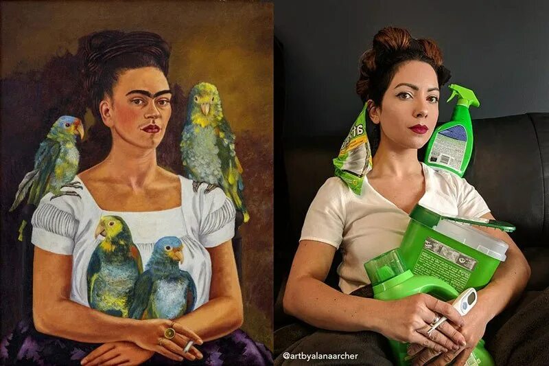 Оживленные картины. Фрида Кало я и Мои попугаи. Фрида Кало с попугаями. Изоизоляция Фрида Кало. Ремейки известных картин.